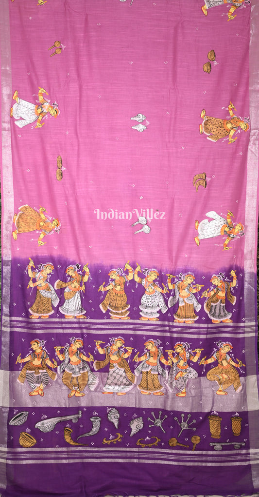 Pink Purple Dandiya Hand-Painted Pattachitra Saree