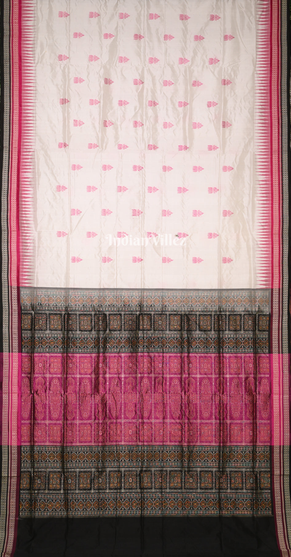 White Magenta Pink Jhumka Motif Odisha Ikat Bomkai Sambalpuri Silk Saree