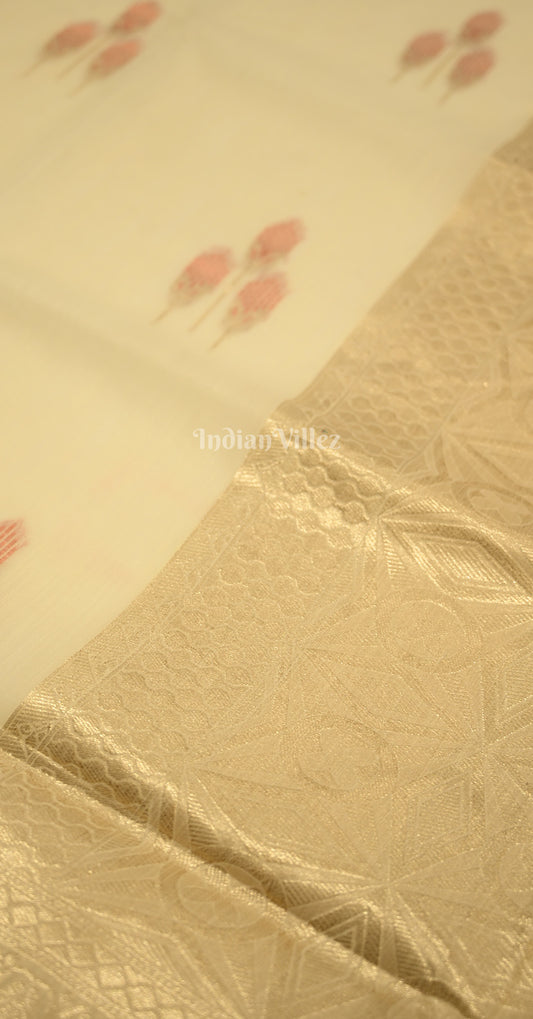 Beige Red Handwoven Linen Saree