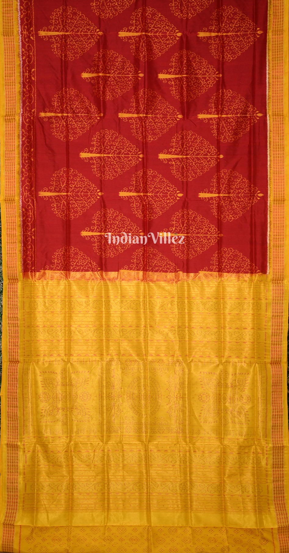 Maroon Mustard Yellow Peepal Leaves Odisha Ikat Sambalpuri Silk Saree