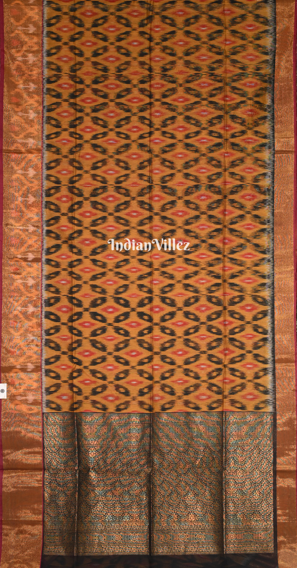 Rust Orange Black Pochampally Ikat Silk Cotton (Sico) Saree 