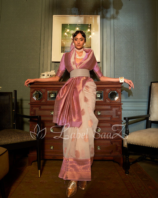 Off White Rust Linen Handloom with Copper Zari Weaving 