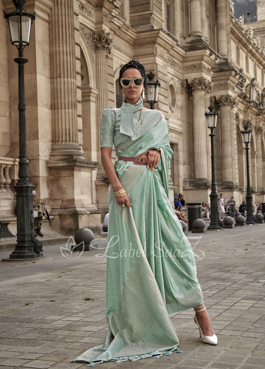 Pastel Green Handwoven Satin Silk Banarasi Saree With Brocade Blouse