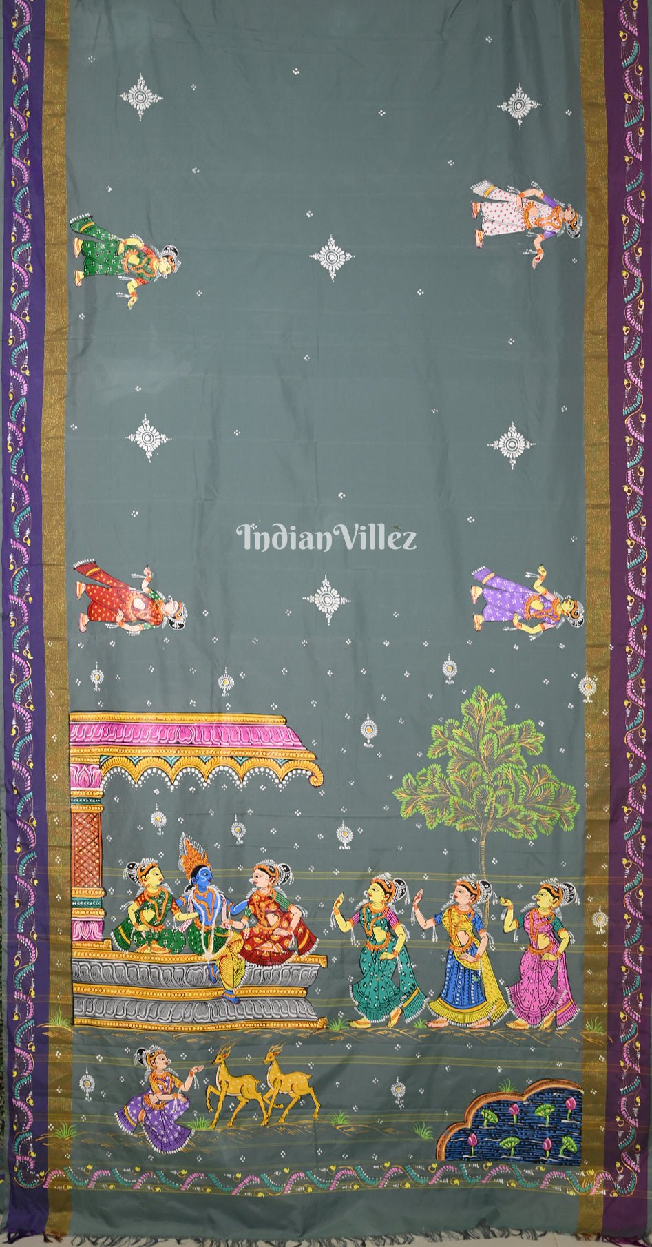 Grey Blue Krishna Rasa Leela Hand-Painted Pattachitra Saree