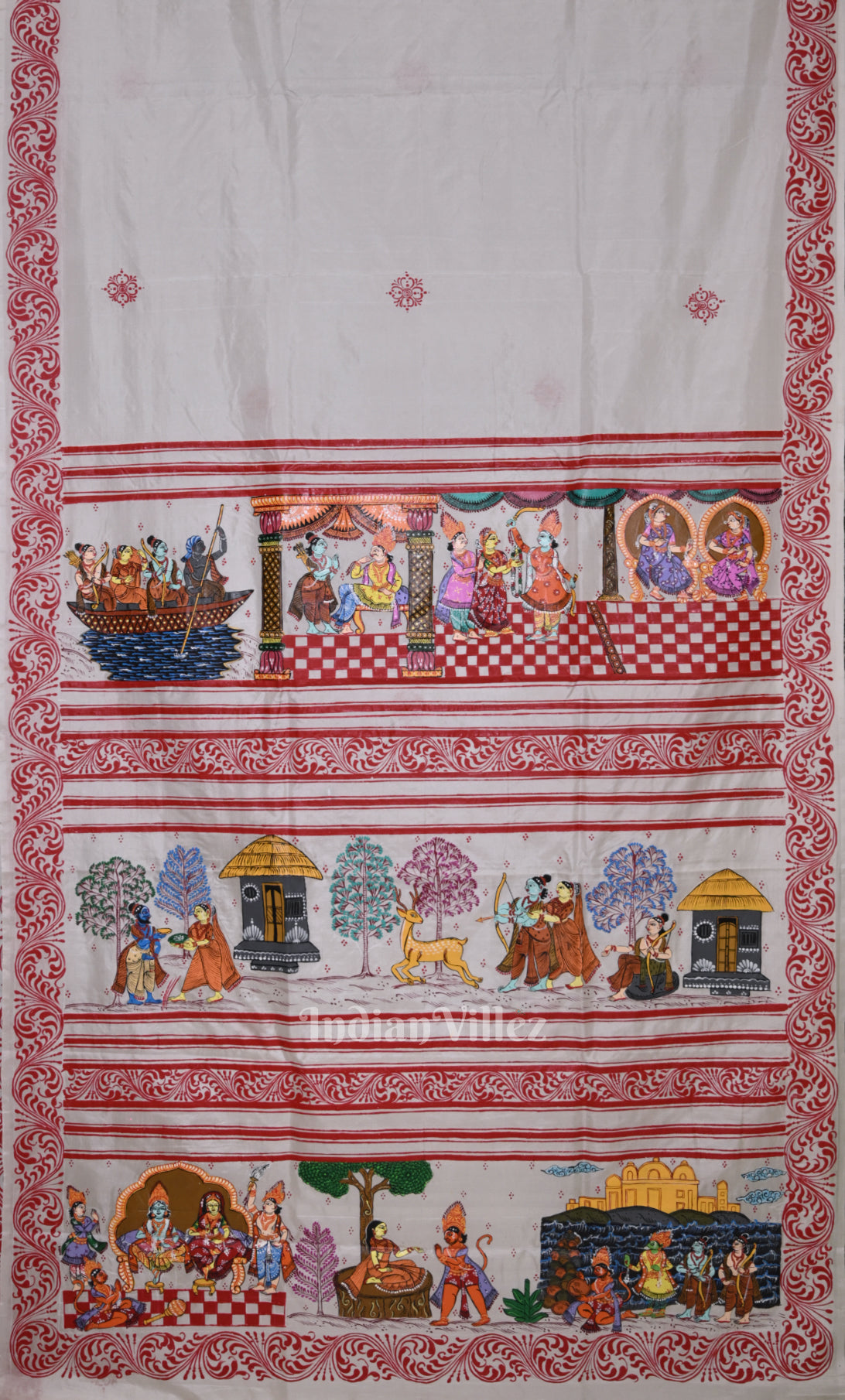 White Red Ramayan Theme Hand-Painted Pattachitra Saree 