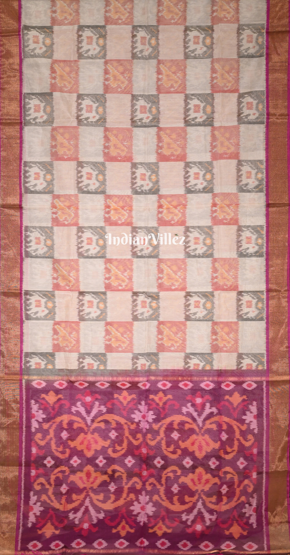 Off White Purple Pochampally Ikat (Sico) Saree