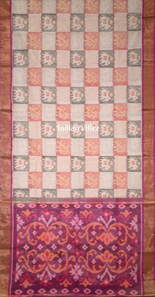 Off White Purple Pochampally Ikat (Sico) Saree