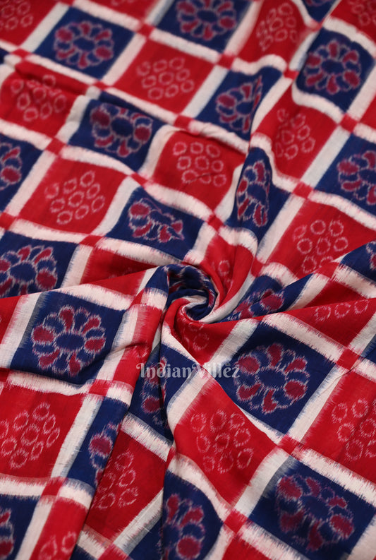 Red Blue Pasapali Sambalpuri Odisha  Ikat Cotton Fabric