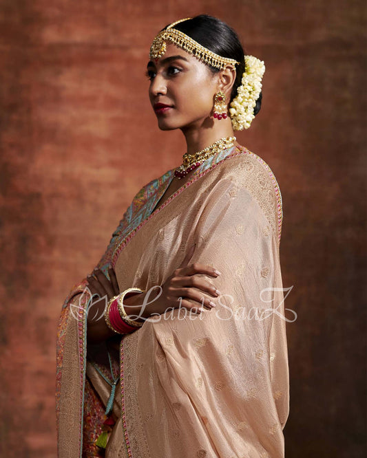 Peach Sky Blue Designer Meenakri Banarasi with Kashmiri Embroidery and Heavy Blouse