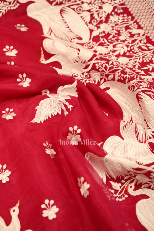 Vivid Pink Parsi Gara Floral Motif Hand Embroidered Saree