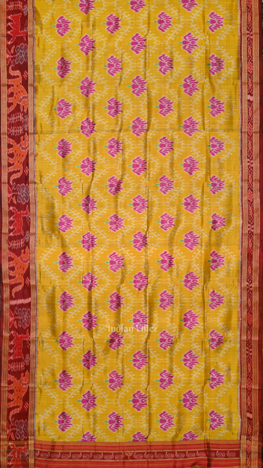 Golden Yellow Lotus Design Odisha Ikat Khandua Silk Saree with Animal Border
