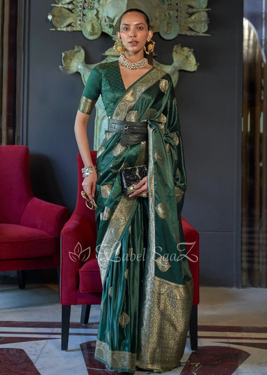 Green Nylon Pure Handwoven Satin Silk Banarasi Saree