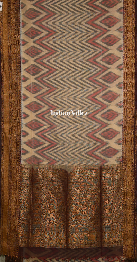 Beige Maroon Pochampally Ikat Silk Cotton (Sico) Saree 