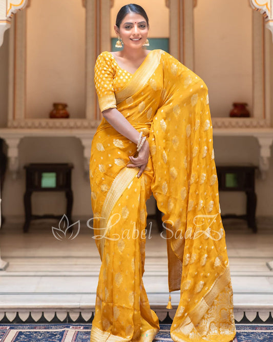 Yellow Handwoven Georgette Banarasi Saree