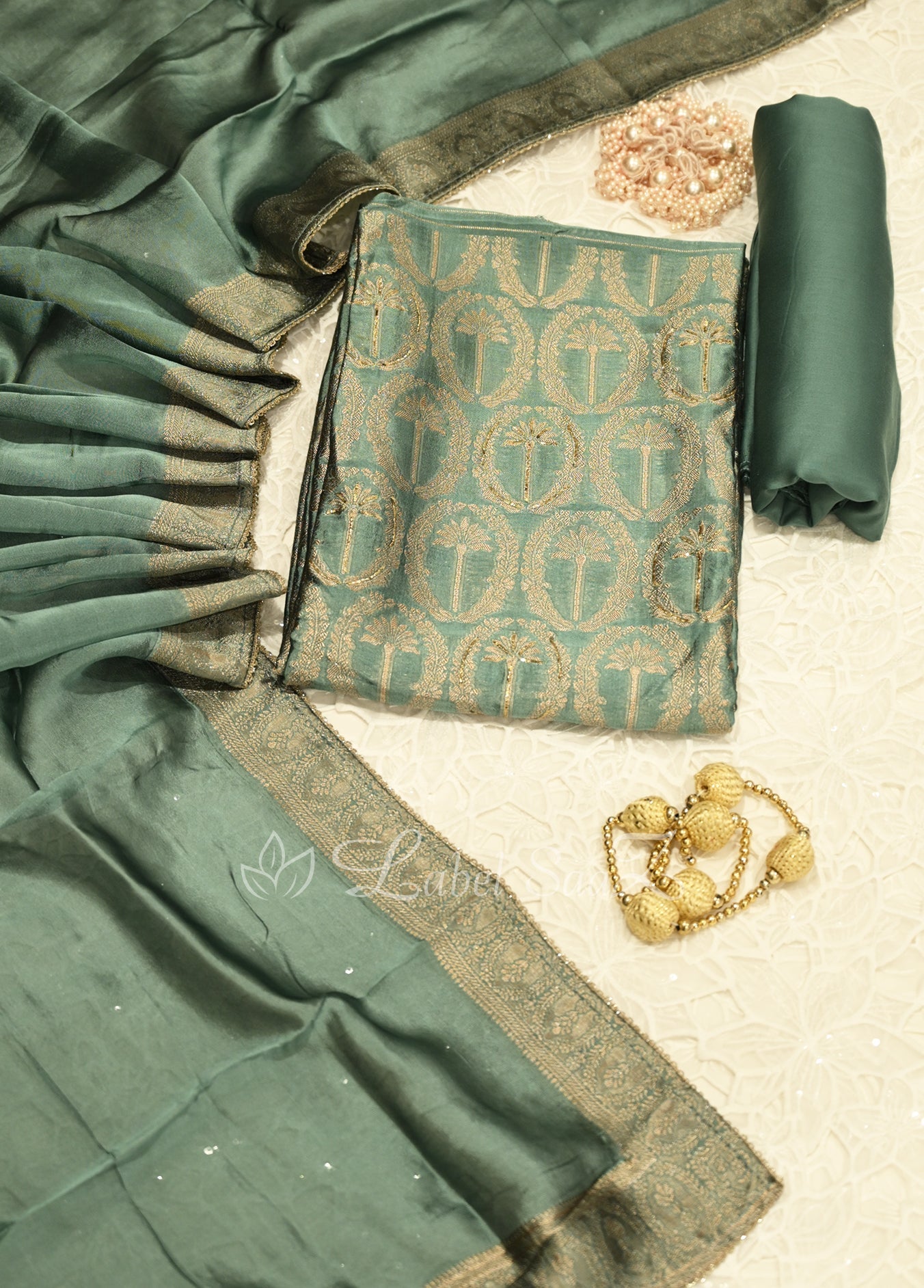 Powder Blue Floral Jaal Mashru Satin Unstitched Salwar Suit 