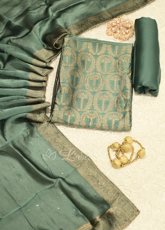Powder Blue Floral Jaal Mashru Satin Unstitched Salwar Suit 