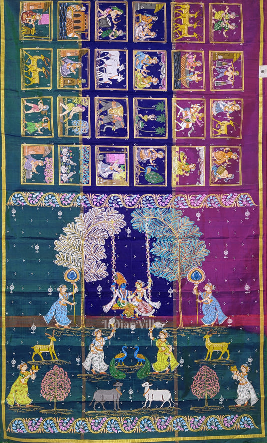 Peacock Green Blue Krishna Raas Village Theme Hand- Painted Pattachitra Saree