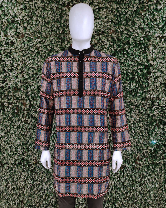 Multi Color Pasapali Odisha Ikat Cotton Kurta for Men 