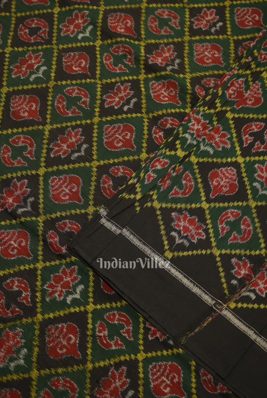 Green Black Diagonally Nabakothi Sambalpuri Cotton  Ikat Fabric