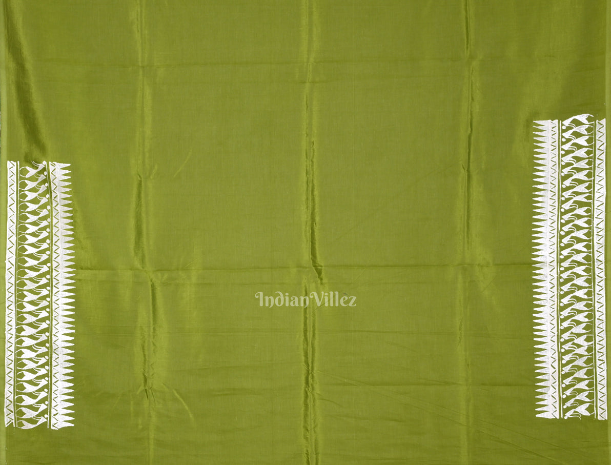 Mehendi Green Tribal Art Konark Temple Hand-Painted Pattachitra Saree