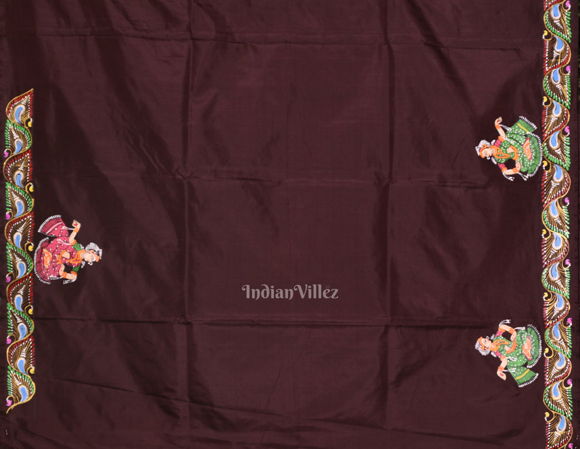 Red  with Coffee Rasaleela Theme Hand-Painted Pattachitra Saree