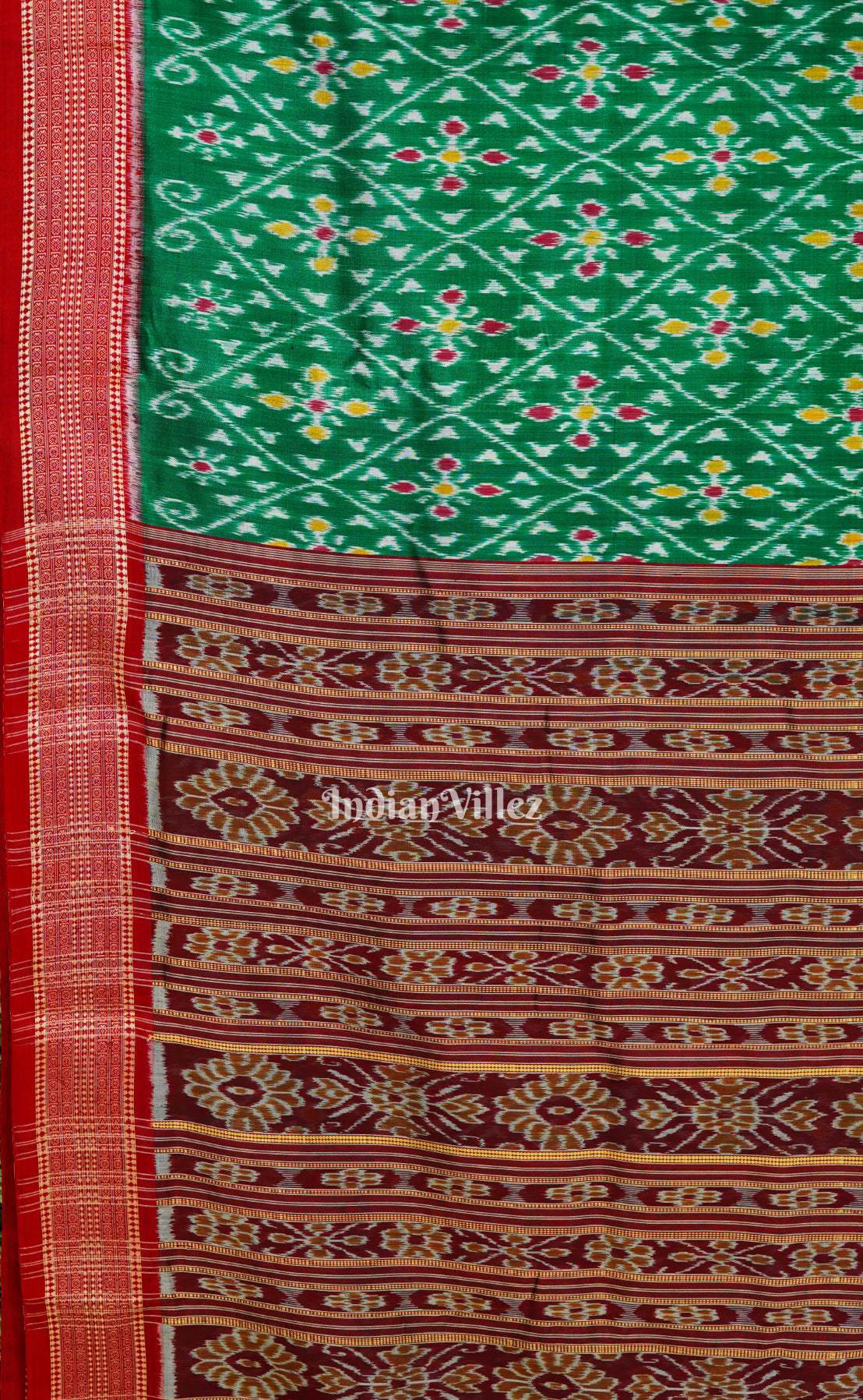 Dark Green Body Flower Motif Odisha Ikat Khandua Silk Saree
