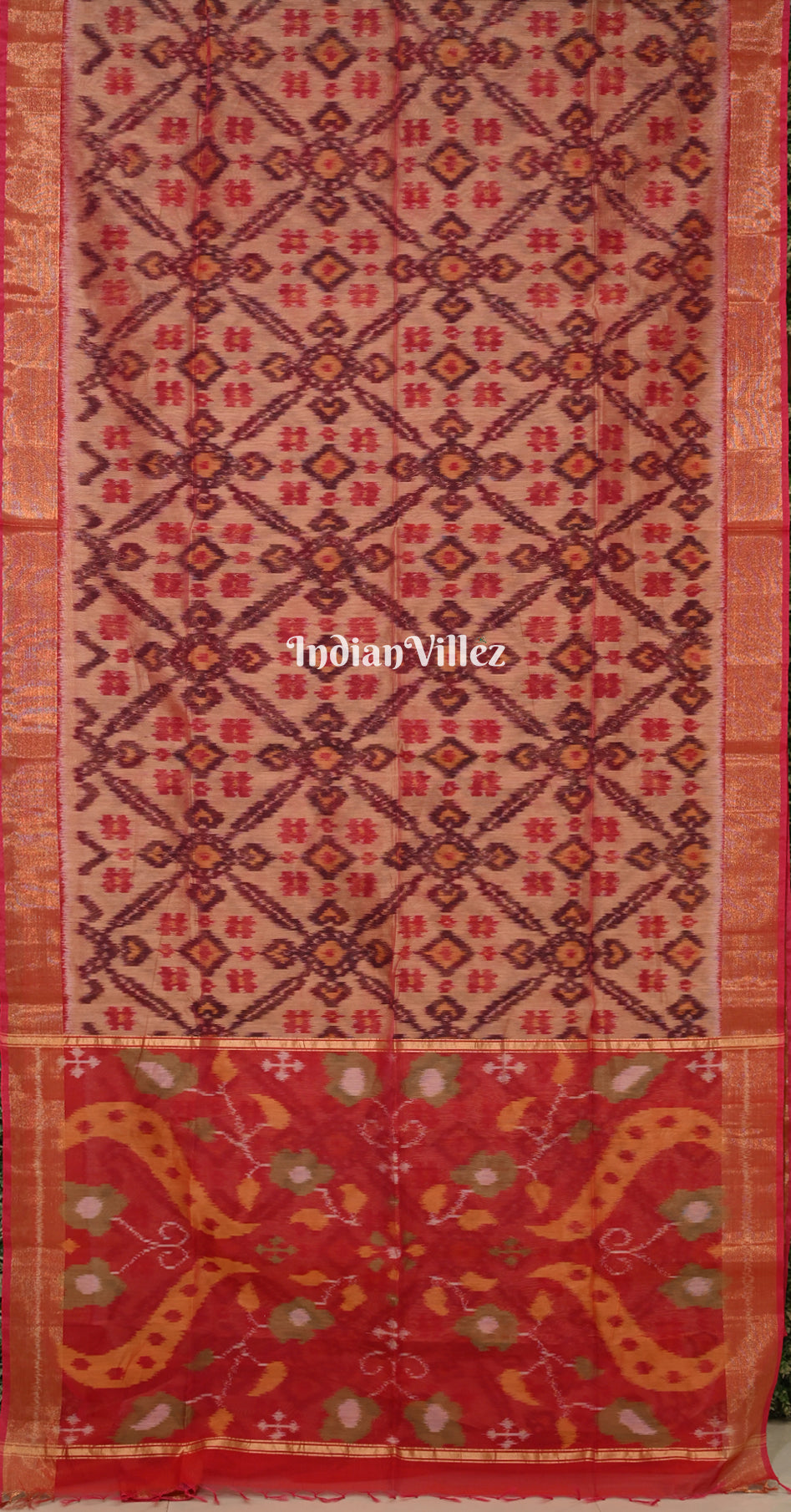 Peach Red Pochampally Ikat Silk Cotton (Sico) Saree 