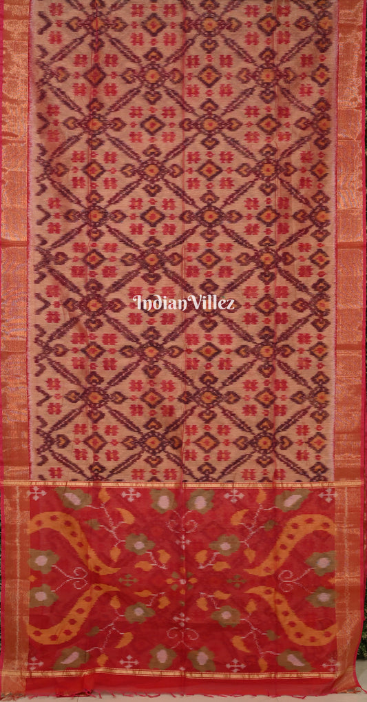Peach Red Pochampally Ikat Silk Cotton (Sico) Saree 
