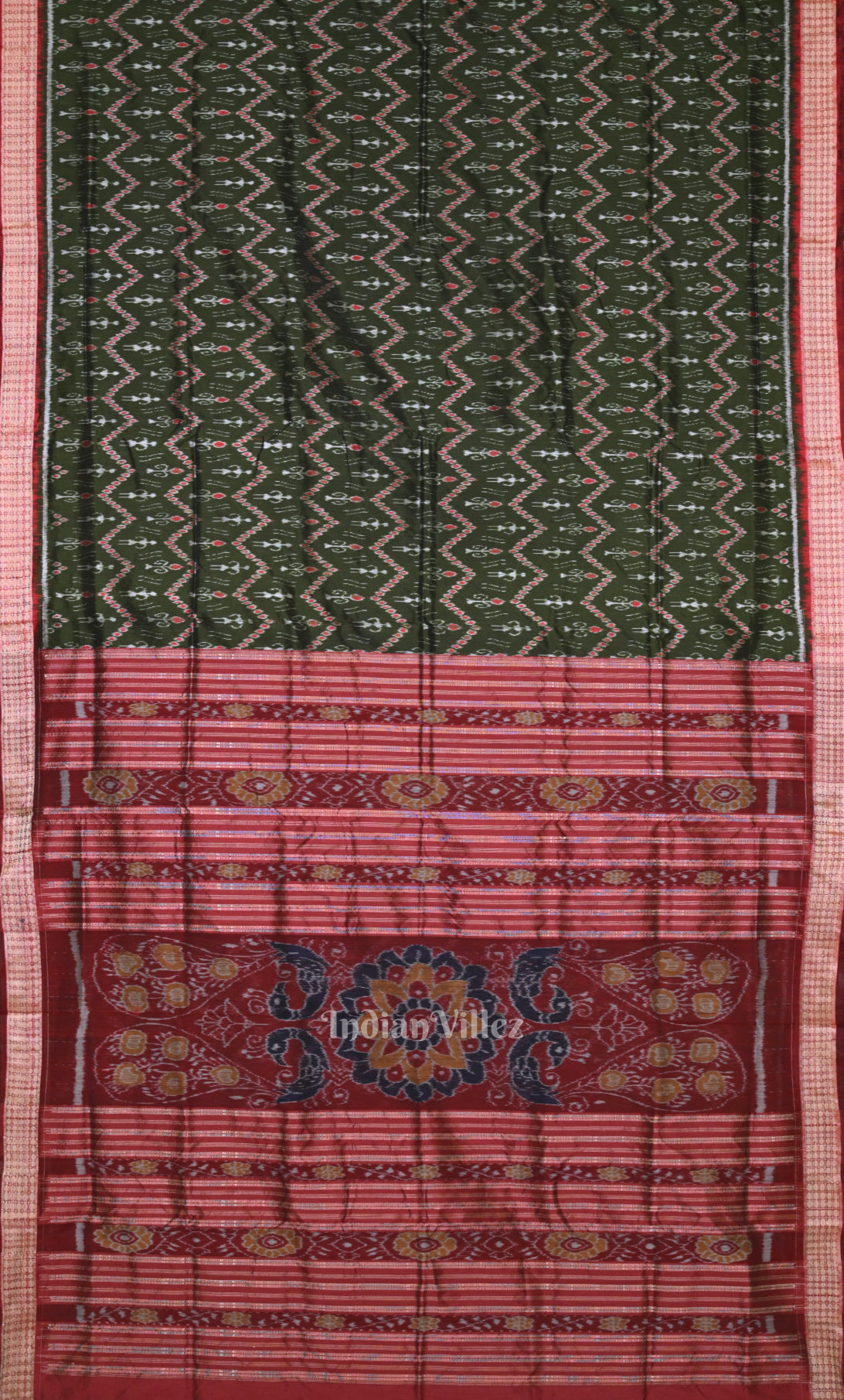 Olive Green Red Tribal Theme Odisha Ikat Sambalpuri Silk Saree 