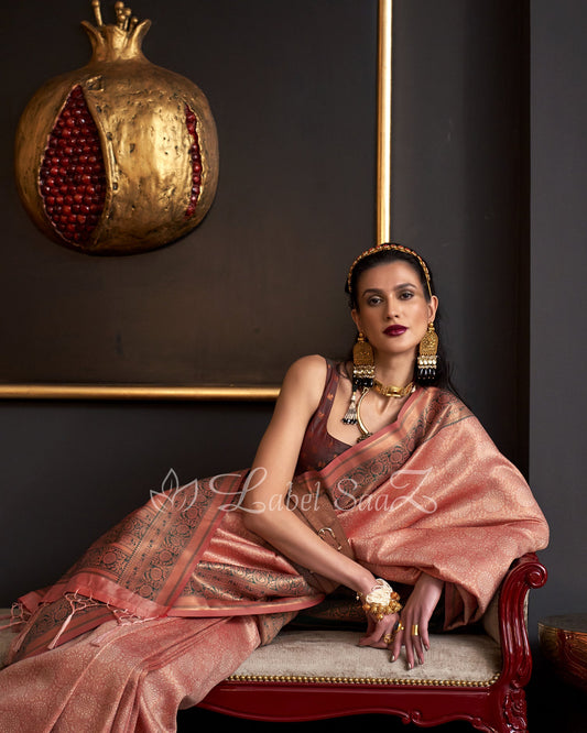 Peach Chaap Handloom Weaving Silk Saree