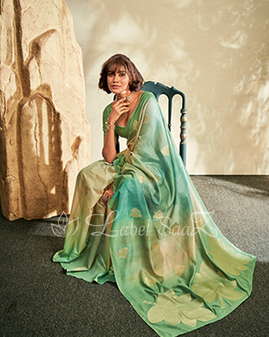 Green Shaded Floral Linen Saree with Zari Work