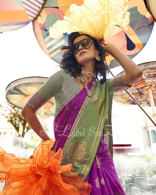 Purple Dual Tone Contrast Handloom Weaving Silk Saree