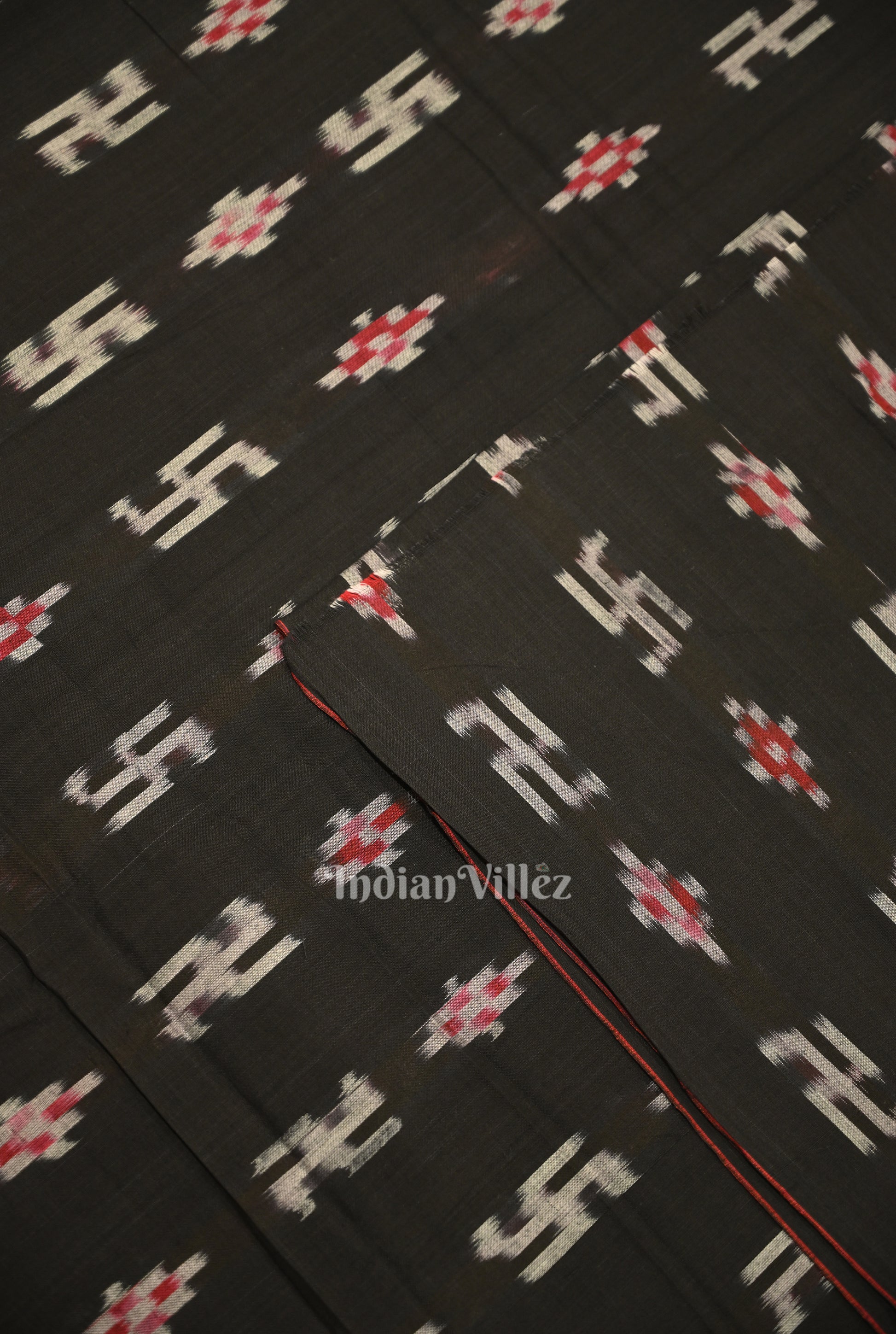 Black Pasapali Swastik Sambalpuri Ikat Cotton Fabric