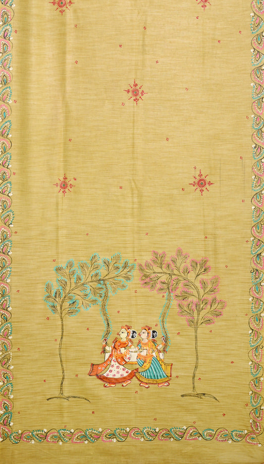 Yellow Raja Doli Theme Tussar Pattachitra Dupatta