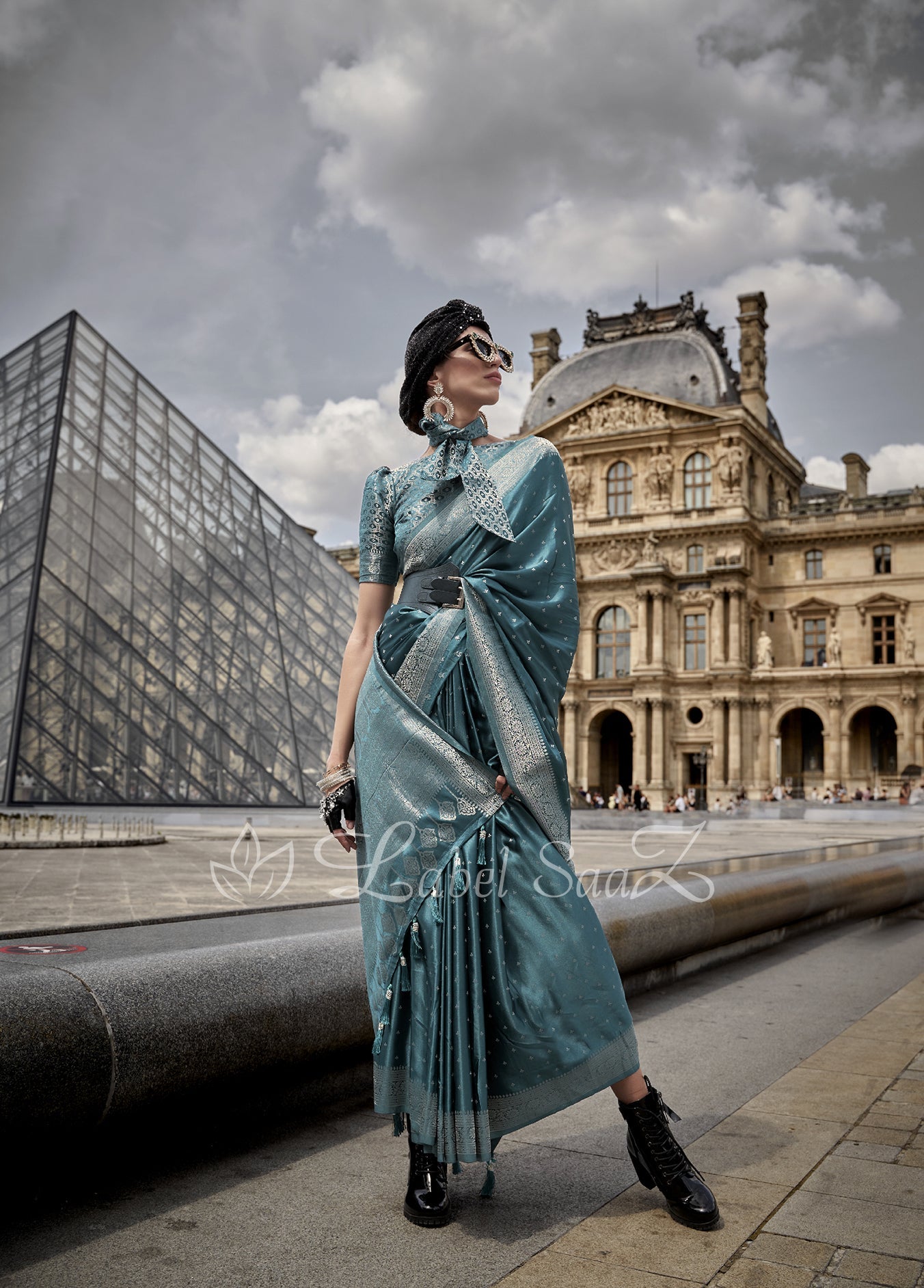 Mineral Blue Handwoven Satin Silk Banarasi Saree With Brocade Blouse
