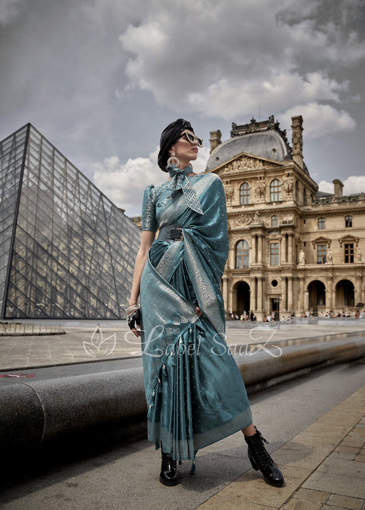 Mineral Blue Handwoven Satin Silk Banarasi Saree With Brocade Blouse