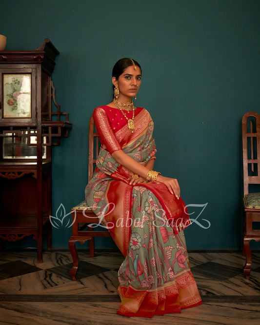 Light Brown Kalamkari Print on Kanjivaram Silk