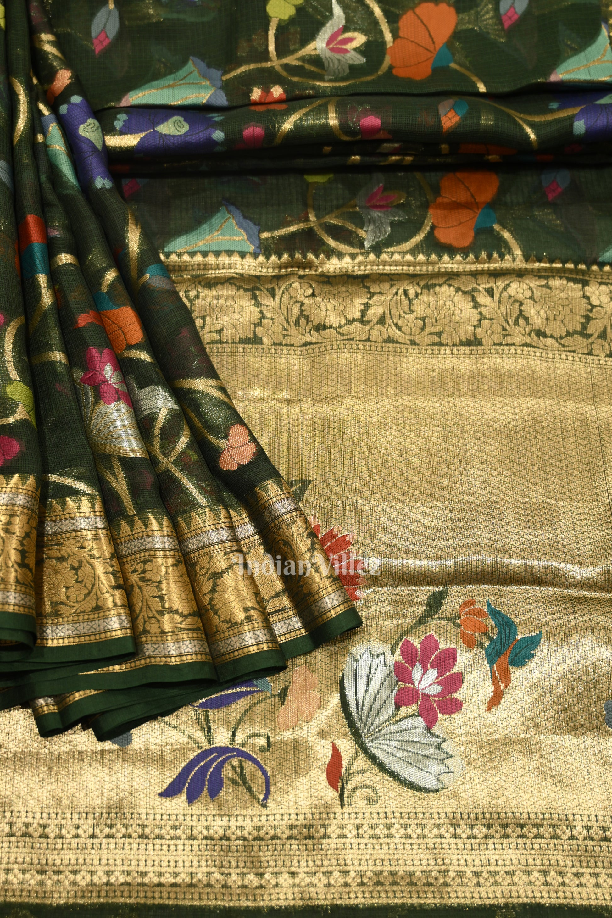 Bottle Green Pure Jamdani Banarasi Kota Saree