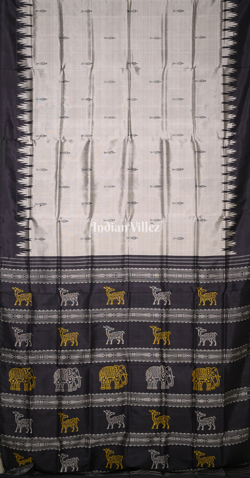 Grey Black Fish Motif Double Pallu Berhampuri Silk Saree 