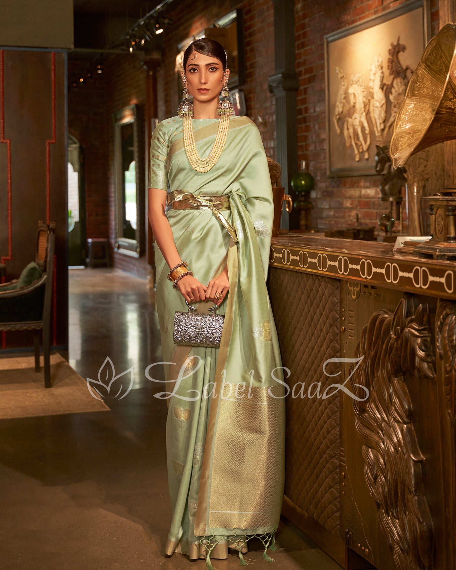Pistachio Green Zari Base Designer Lotus Handloom Saree