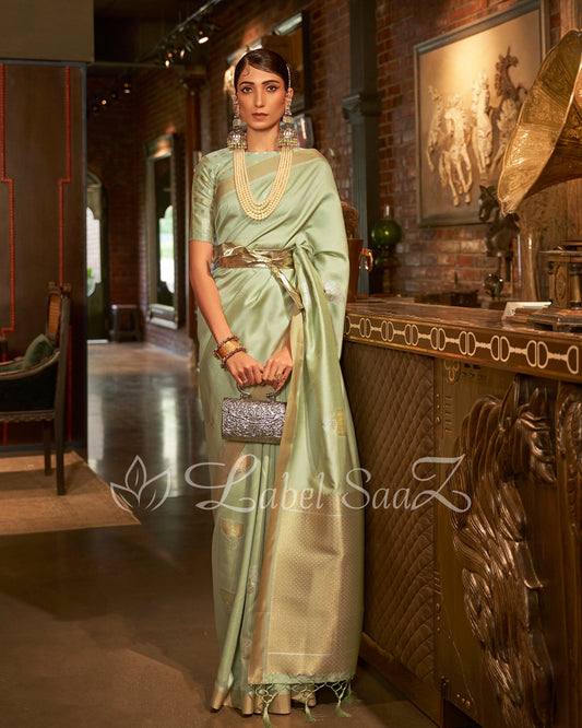 Pistachio Green Zari Base Designer Lotus Handloom Saree