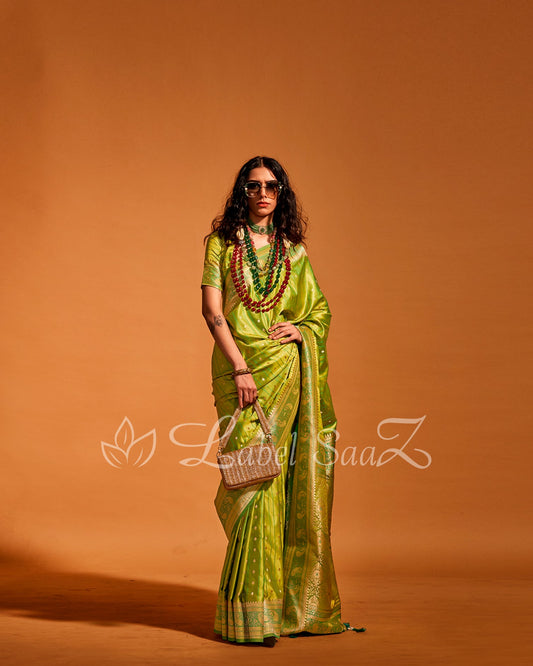Green Handwoven Zari Satin Silk Banarasi Saree