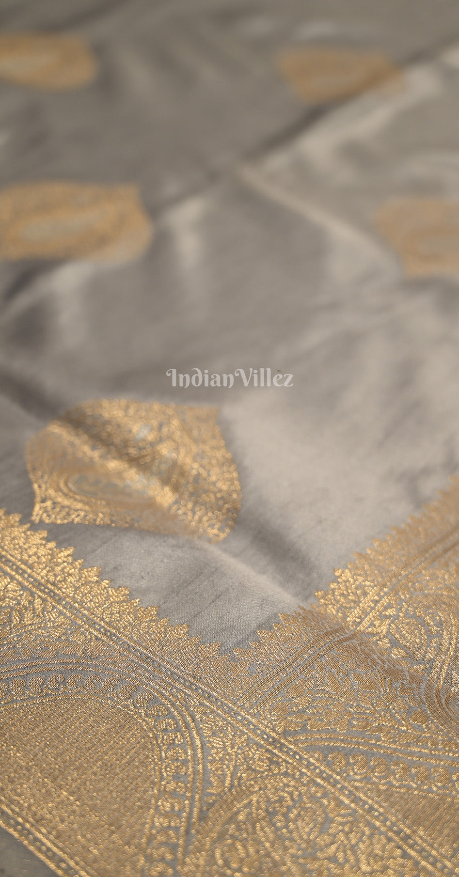 Grey Golden Nylon Pure Satin Silk Banarasi Saree