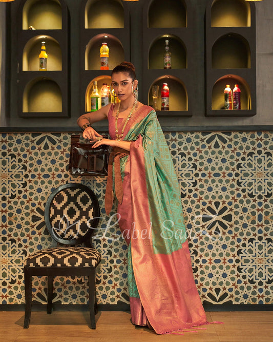 Dark Peach Pure Zari Base Chaap Hand Woven Kanjivaram Silk Saree