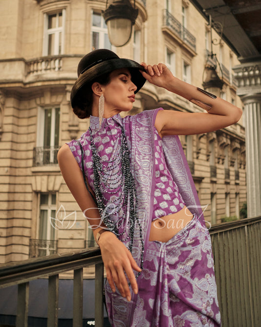 Elora Purple Handwoven Pure Organza Silk Chikankaro Saree