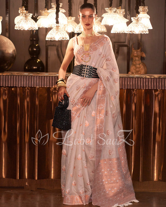 Off White Linen Banarasi With Copper Zari Saree
