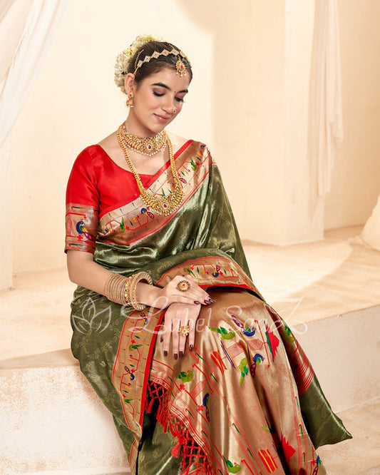 Olive Green Tissue Handloom Paithani Saree