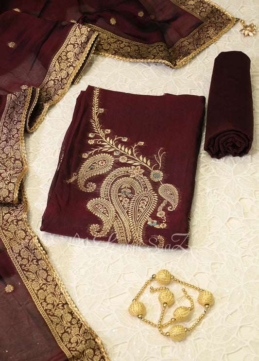 Wine Banarasi Unstitched Salwar Suit 