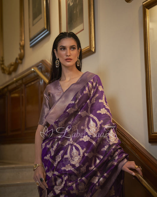 Purple Dual Tone Handloom Weaving Organza Saree With Blouse Piece