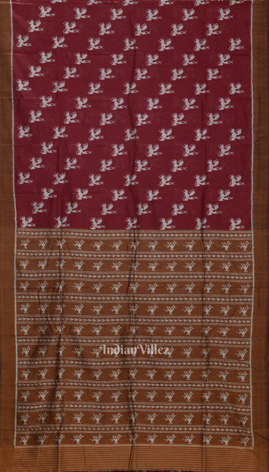 Maroon Bird Motif Odisha Ikat Pure Sambalpuri Cotton Saree